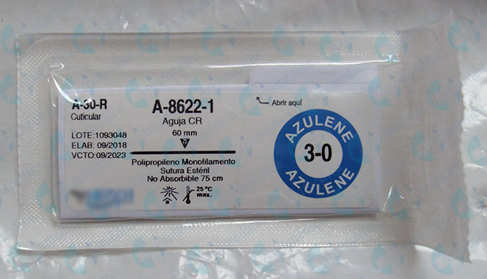 Sutura prolene 3-0 recta A-8622-1 cuticular aguja CR60mm hebra azul 75cm
