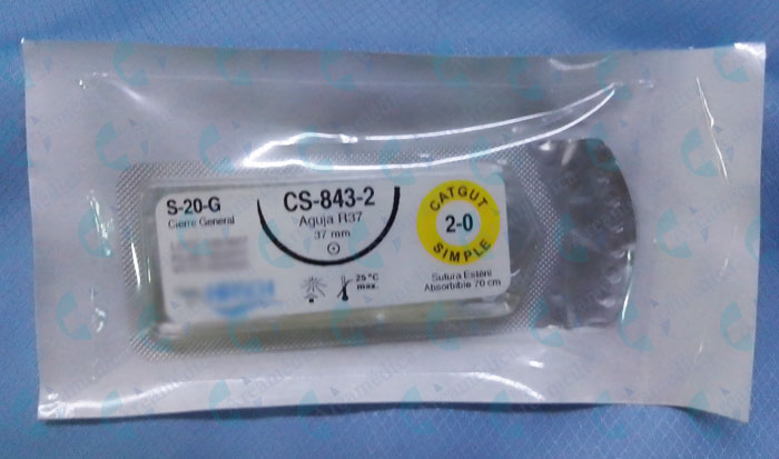 Sutura CATGUT Simple 2-0 Curva Equivalente CS-843 Cierre General S20G