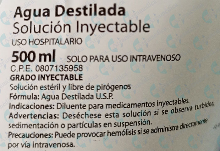 Agua destilada solucion inyectable frasco x 500 ml