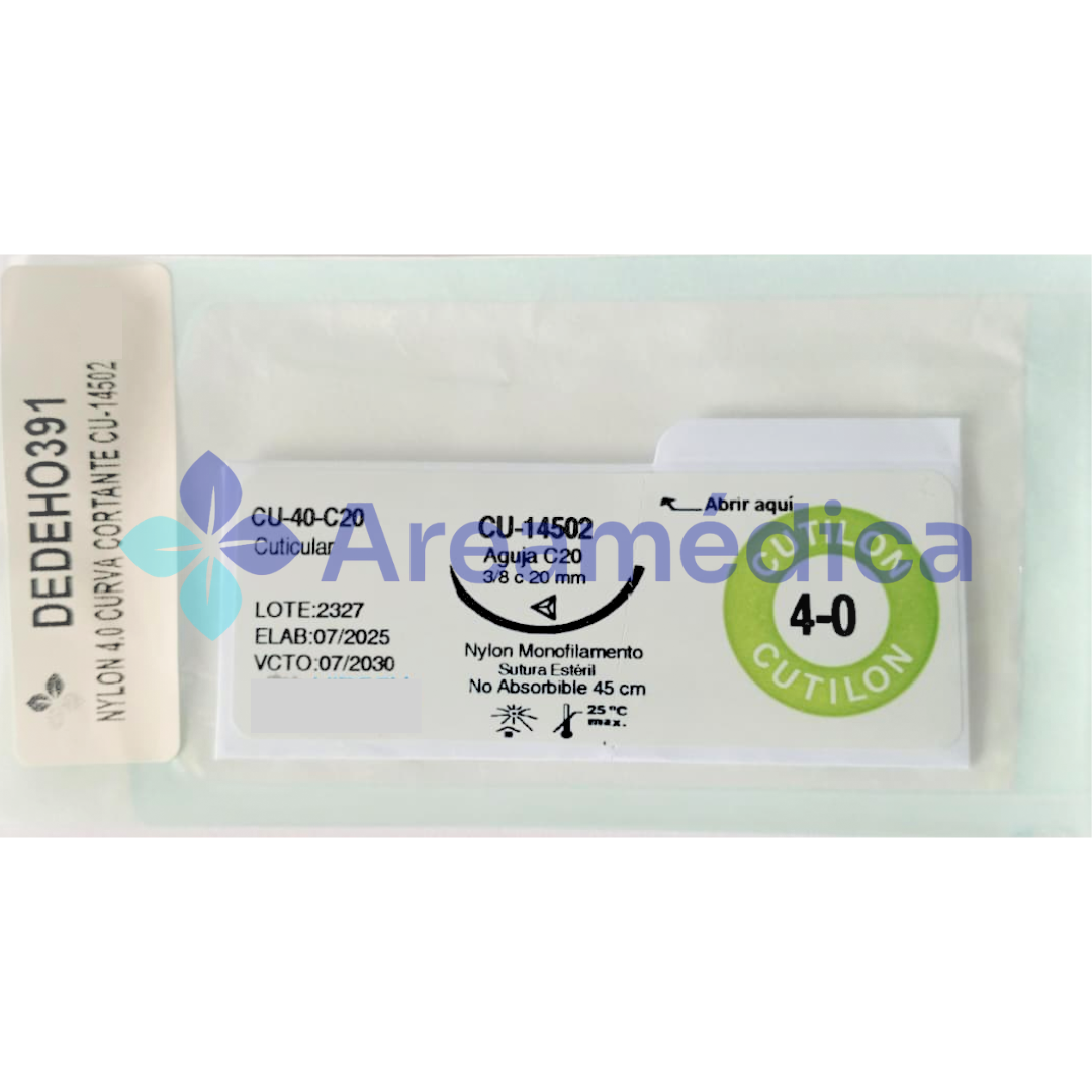 NYLON 4.0 CURVA CORTANTE AGUJA 3/8C 20MM HEBRA NEGRA 45 CM SUTURA CU-40-C20