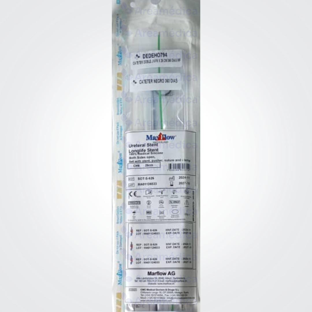 Cateter Doble J 6 FR x 26cm Ureteral Larga Duracion 100% Silicona Grado Medico