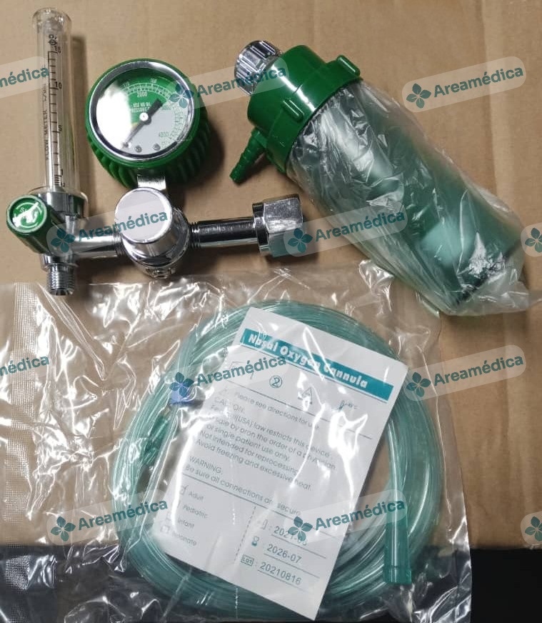 Regulador de Oxigeno con Manometro y Flujometro CGA 540 con Vaso y Canula Adulto