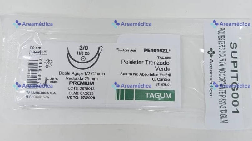 Poliester 3.0 Curva No Cortante P-522 Cardiovascular 2 Agujas 1/2C R25mm 90cm