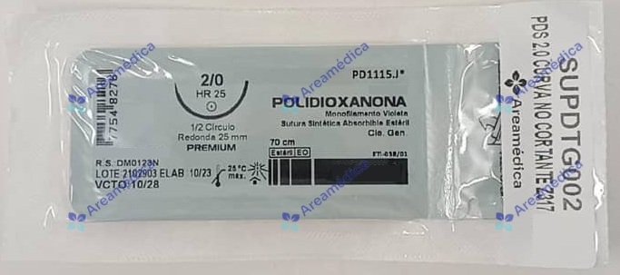 PDS 2.0 Curva No Cortante Z317 Aguja 1/2C 25mm Polidioxanona 70cm Sutura