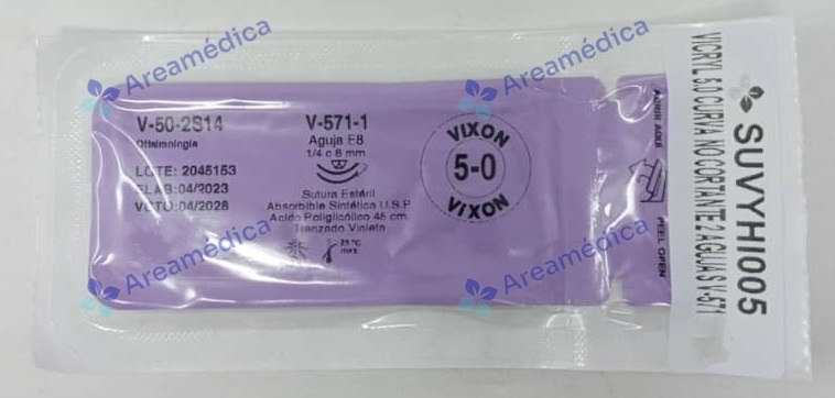 Vicryl 5.0 Curva No Cortante V-571 2 Agujas 1/4C 8mm 45cm V-50-2S14 Oftalmica
