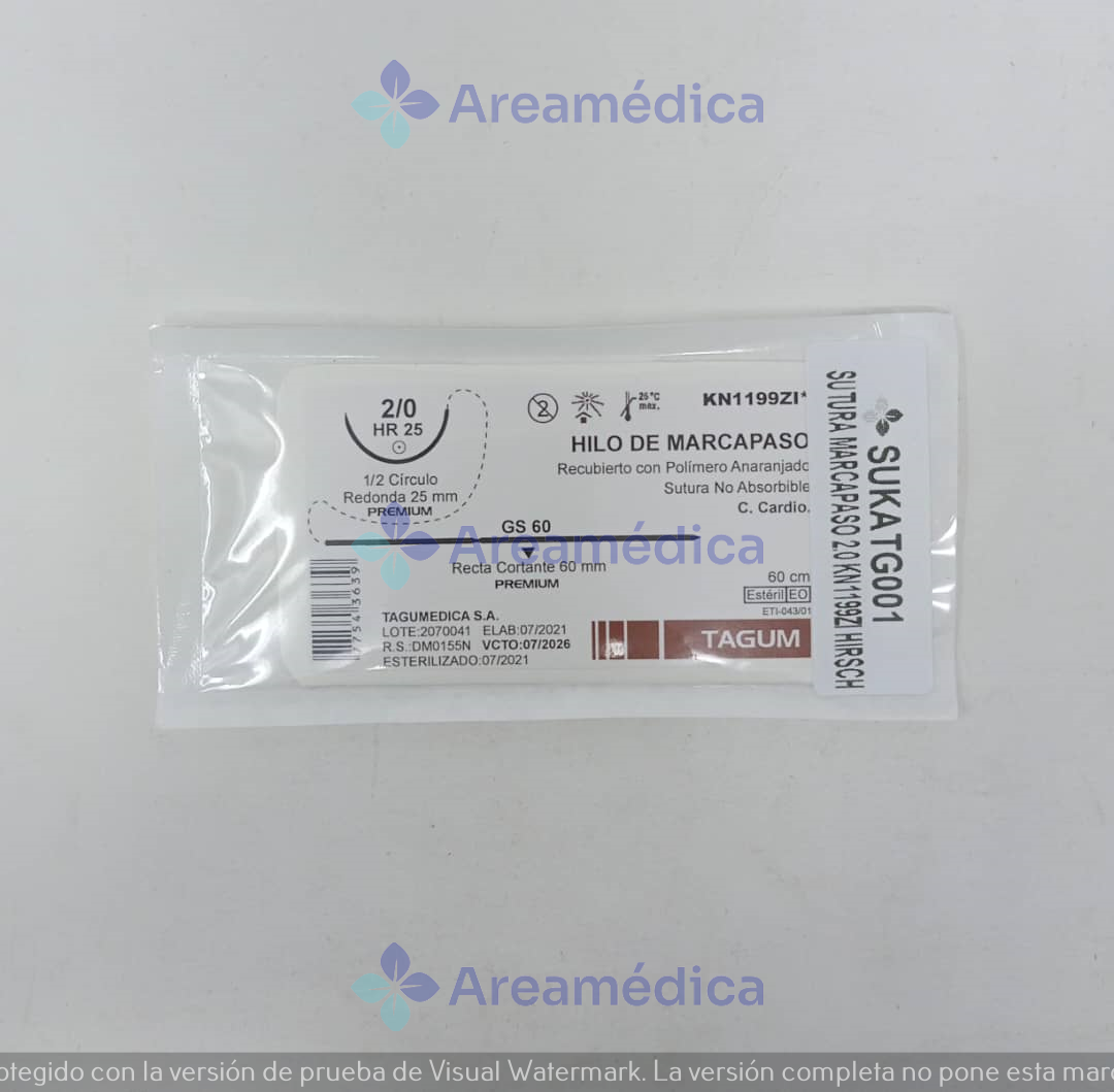 Sutura Marcapaso 2.0 Aguja 1/2C 25MM Aguja Recta 60MM