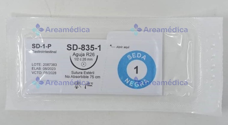 Seda 1 Curva No Cortante SD-835 Aguja 1/2C 26mm 75cm Hebra Negra Sutura
