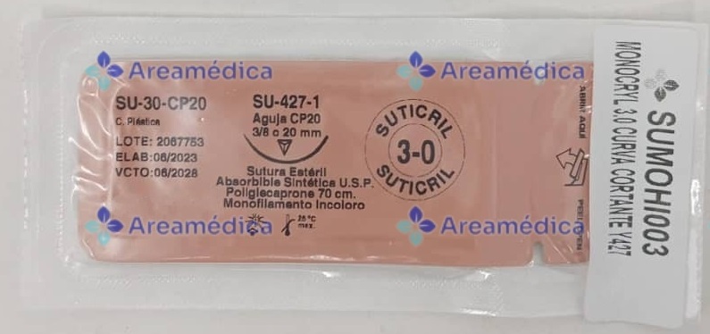 Monocryl 3.0 Curva Cortante Y427 Poliglecaprone Aguja 3/8C 20mm 70cm Sutura