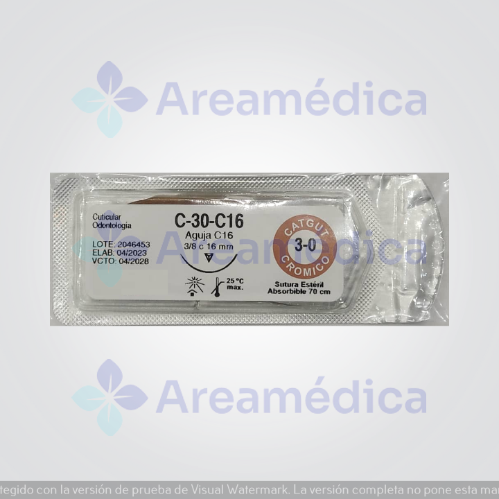 Catgut Cromico 3.0 Curva Cortante 1 Aguja 3/8C 16MM 70 CM Cuticular