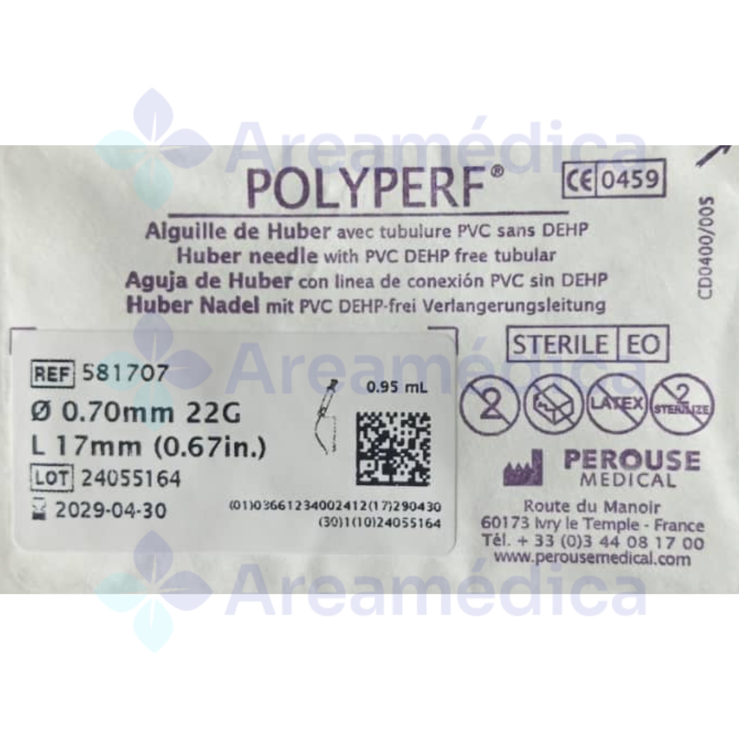 Aguja Huber Polyperf 22GX17MM Con Linea De Conexion PVC Para Quimioterapia