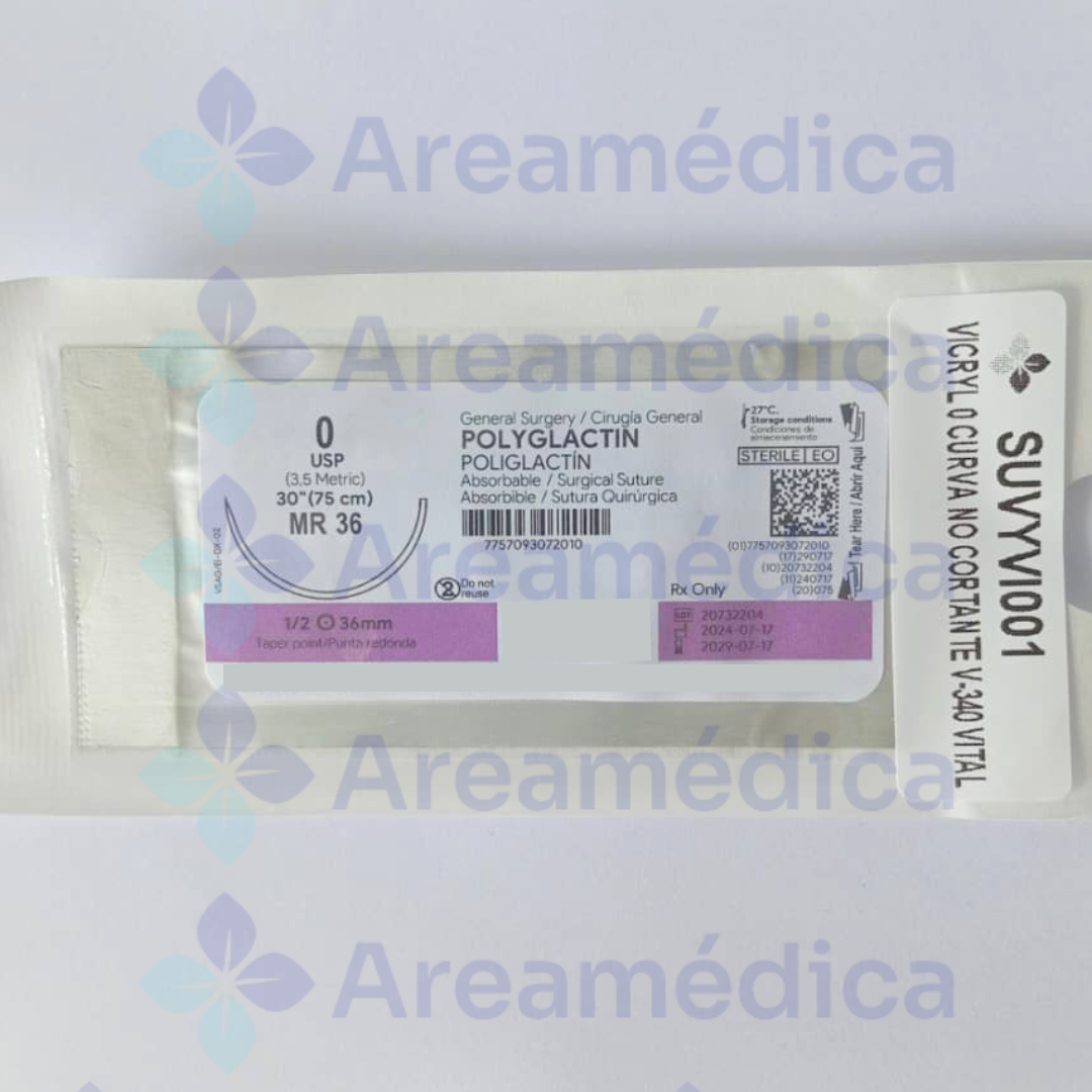 VICRYL 0 CURVA NO CORTANTE V-340 AGUJA CT1 1/2C 36MM 75CM CIERRE GENERAL