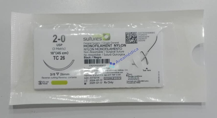Nylon 2.0 Cortante J-164 1 Aguja 3/8 26mm 45cm Hebra Negra Cirugia General Sutur