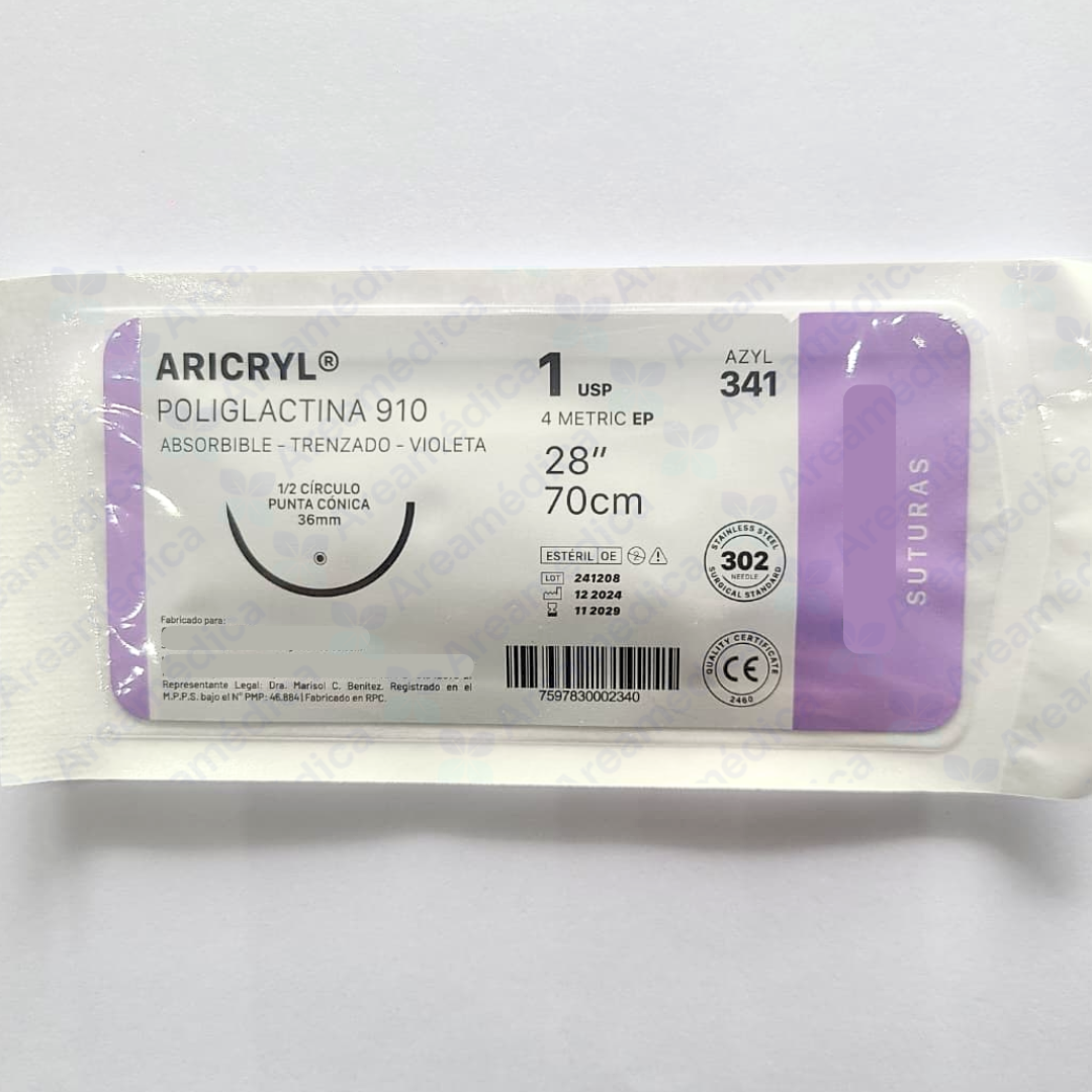 VICRYL 1 CURVA NO CORTANTE V-341 AGUJA 1/2C 36MM 70CM CIERRE GENERAL