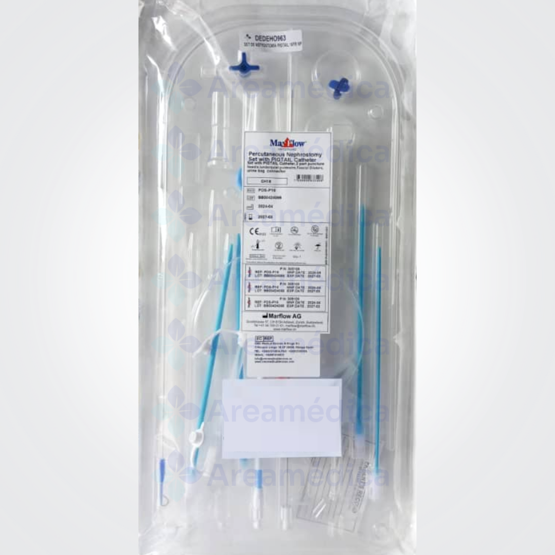 SET DE DRENAJE CON CATETER PIGTAIL 16FR, D-6-8-12-16 SET DE NEFROSTOMIA PIG TAIL