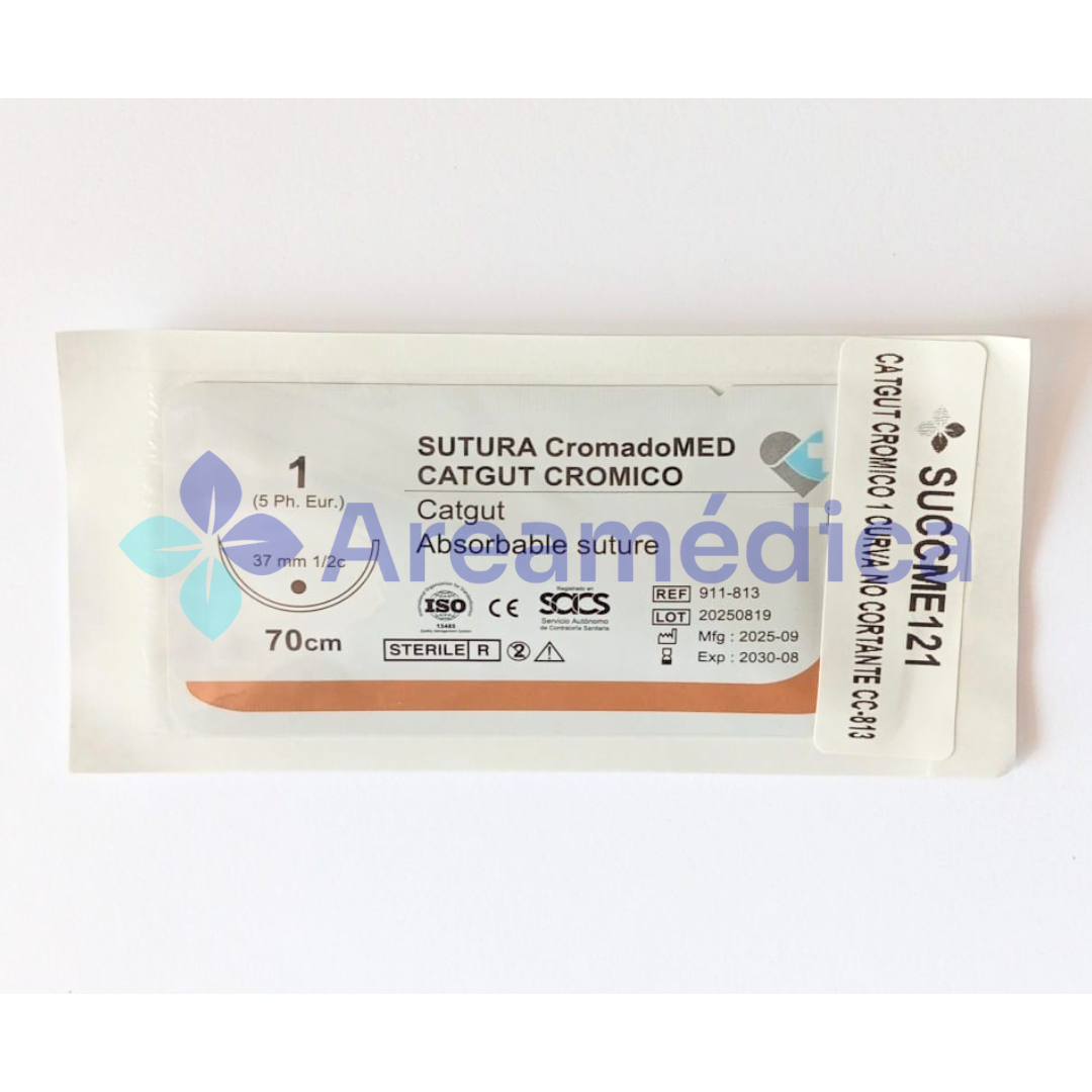 CATGUT CROMICO 1 CURVA NO CORTANTE AGUJA CT1 1/2C 37MM 75CM SUTURA